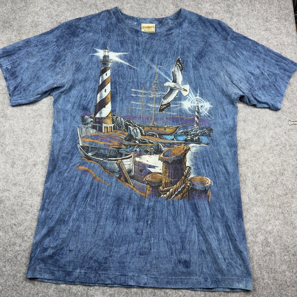Ragtops Sportswear Mens Blue Acid Wash Lighthouse Nautical Graphic T-Shirt M USA